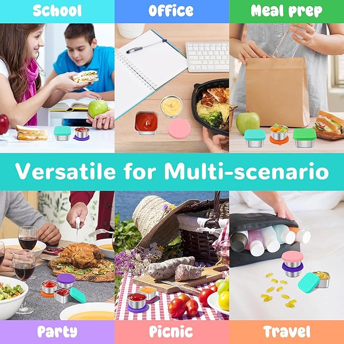 6PCS Salad Dressing Container to Go, Leakproof Reusable Stainless Steel small container with lid,Sauce Containers for Lunch box,Picnics,Travel,Office and Meal Prep-1.6+2.7 Sets
