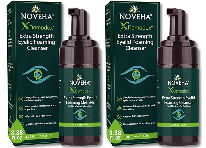 NOVEHA Demodex Eyelid Cleanser Foam | Extra Strength Tea Tree Oil Formula | Daily Face Wash For Eyelash, Demodex, MGD, Stye Eyes, Eye Irritations & Skin Dryness, 3.38 fl. oz. (100ml) - (Pack of 2)