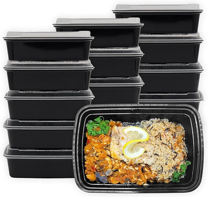 MULMEHË Plastic Food Storage Take-Out Container and Lid Combo, 38 oz, Microwaveable, Rectangular, Black, 8.5x6x2, Set of 150