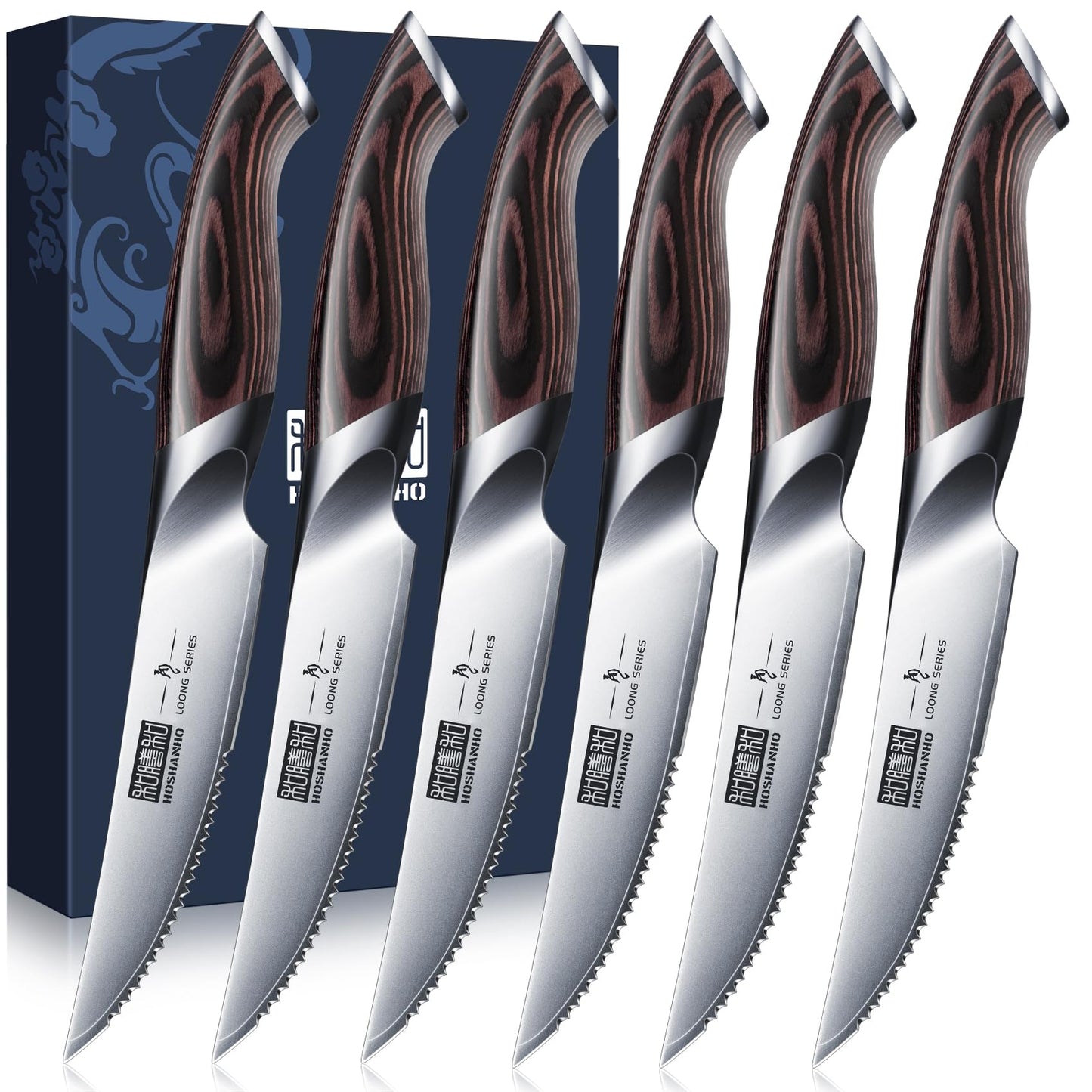 HOSHANHO Steak Knives Set of 6, Ultra Sharp 4.5 In Serrated Steak Knife Set
