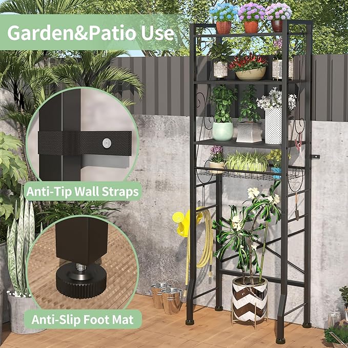 Over-The-Toilet Storage Rack 4-Tier,Bathroom Organizer Shelf Over Toilet,Adjustable Wooden Shelves and Basket,Freestanding Above Toilet Shelf,Space Saver for Rooms(Black Rack-Black Shelves)