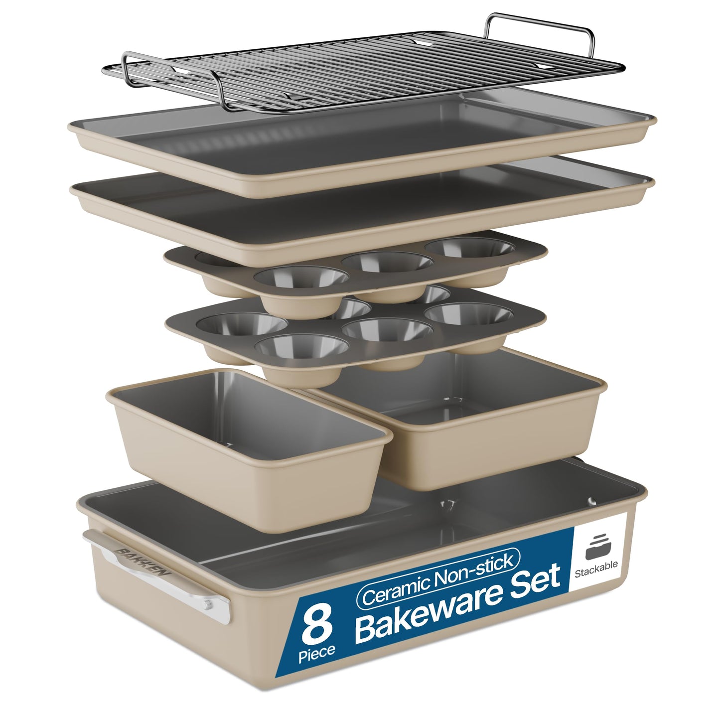 Bakken 8-Piece Ceramic Coated Bakeware Sets, Nonstick Aluminized Steel Pans with Muffin, Loaf, Cake, Roasting Pan, & Cooling Rack, Oven Safe Up To 500°F, Dishwasher Safe, BPA, PTFE & PFAS Free, Green