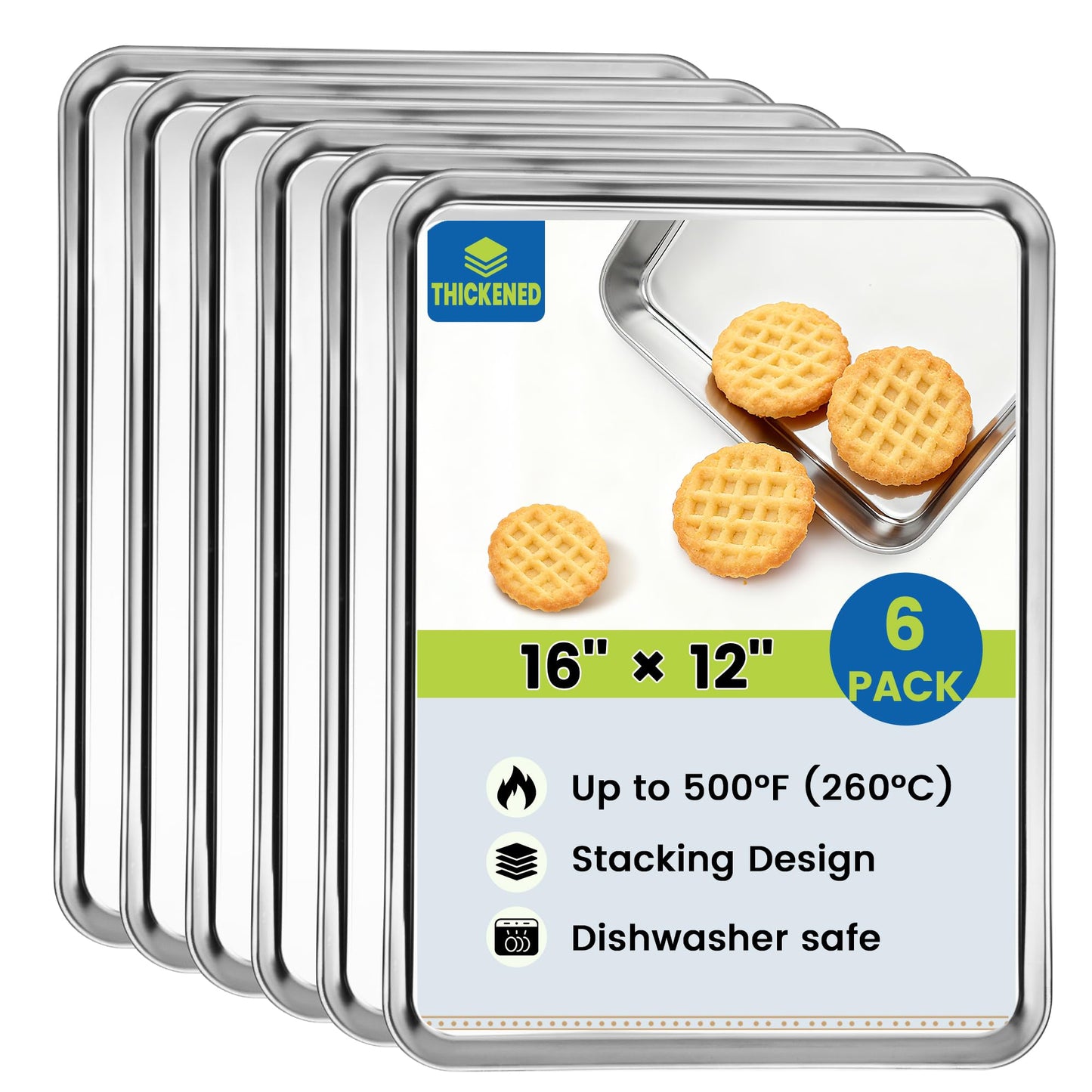 BIEAMA 6 Pack Stainless Steel Toaster Oven Baking Sheets, 16 x 12 in