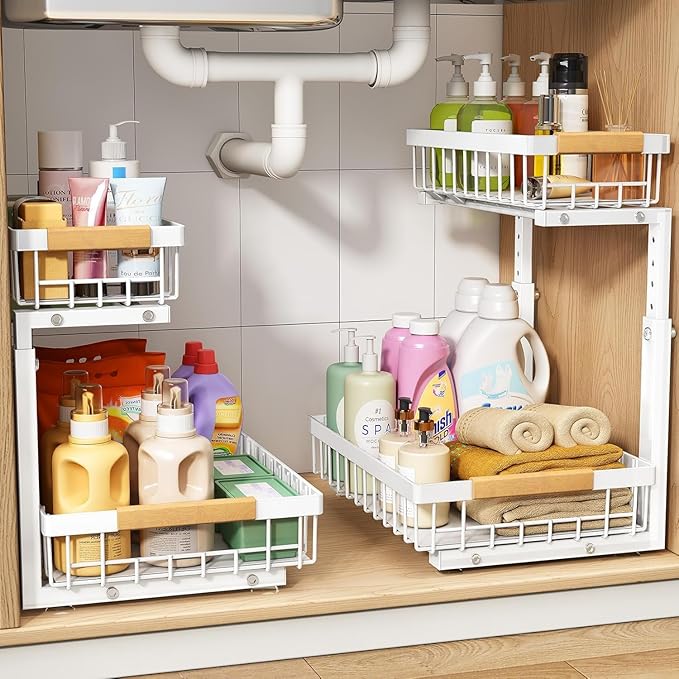 2 Pack Under Sink Organizer,Adjustable Height,2 Tier Pull Out Under Cabinet Organizer,Slide Out Thickened Metal Under Sink Storage for Kitchen Bathroom Cabinet Pantry