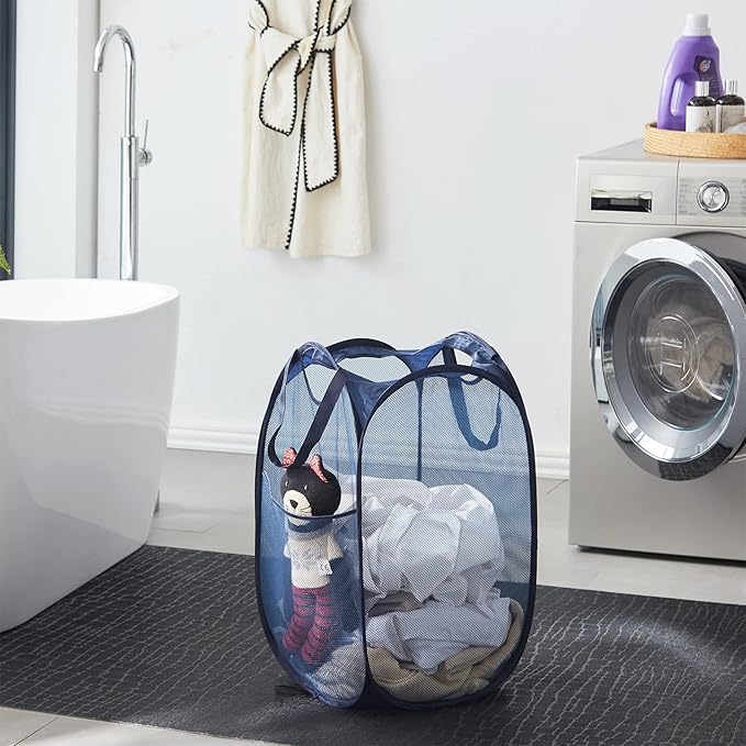 TECHMILLY Collapsible Mesh Pop Up Laundry Hamper with Sturdy Handles and Side Pocket - Portable Foldable Clothes Baskets for Dorm, Bathroom & Travel Storage (Blue, 3 Packs)
