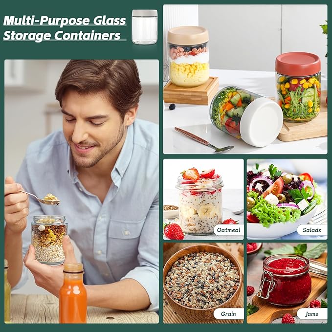 DIMBRAH Overnight Oats Containers with Lids,16oz Glass Jars with Lids - Set Of 4, Practical Oatmeal Container to Go, Chia Seed Pudding Jars, Baby Food Containers