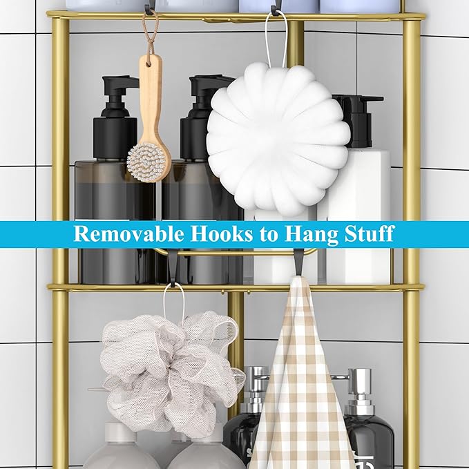 4 Tier Floor Standing Corner Shower Caddy Organizer Shelf with Hooks, Bathroom Shelves Stand Rack, Gold