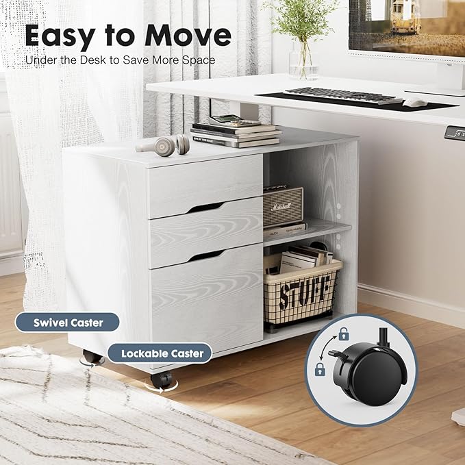 DUMOS Lateral File Cabinet with 3 Drawers Rolling Filing Cabinets Under Desk Storage Printer Stand Wood Organizer with Wheels Adjustable Shelf for Office Home Small Space, White