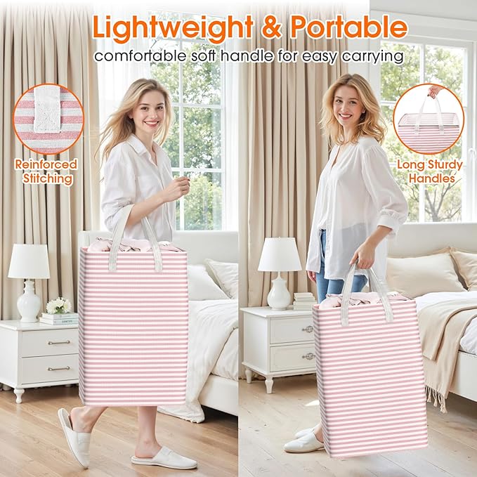 3 Pack Large Laundry Basket,Waterproof & Freestanding Laundry Hamper,Collapsible Clothes Hampers with Easy Carry Long & Reinforced Handles in Bathroom,College Dorm(125Lx3,Pink)