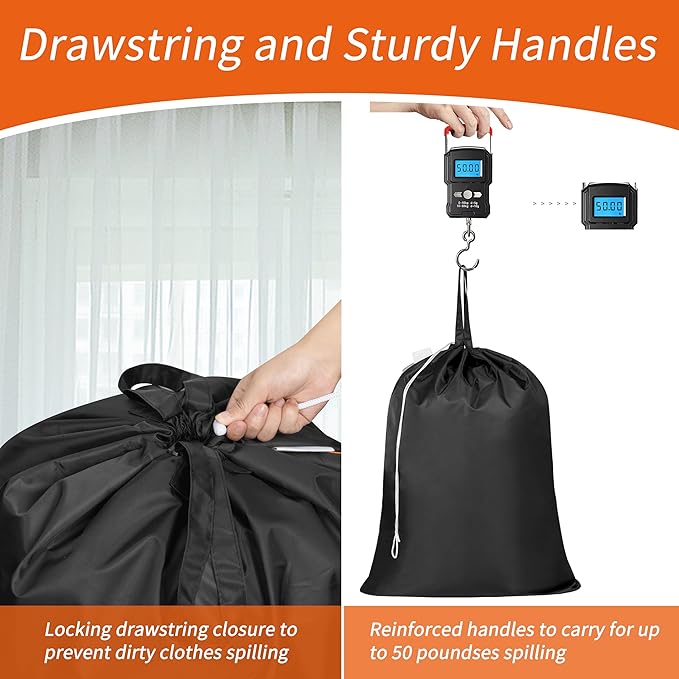Polecasa Heavy Duty Large Laundry Bag with 130gsm Tear Resistant Fabric and Handles, Easy to Carry Durable Dirty Clothes Drawstring Bag, Perfect for College Dorm, Travel, 2 Pack 28”x36”, Black