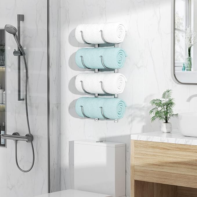 Rolled Towel Rack for Bathroom– 4-Tier Rolled Towel Storage Holder,Metal Organizer for Towels & Large Bath Sheets, Space Saving Rack for Small Bathroom, RV, Camper, Closet, Silver Metal