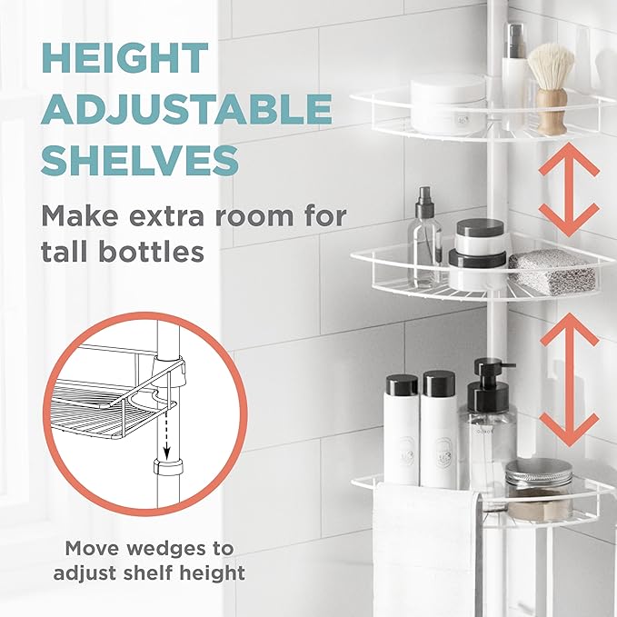 Zenna Home Tension Pole Shower Caddy Corner Organizer, Adjustable Standing Shower Caddy with 4 Baskets and Built in Towel Bar, Rust Resistant Bathroom Tension Rod Organizer, 60 to 97 Inch, White