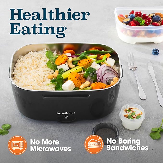 TRAVELISIMO Electric Lunch Box for Adults 100W Heated Lunch Box For Men 1.5L Stainless Steel Portable Food Warmer, 12/24/110V for Travel & Work, Loncheras Electricas Para Calentar almuerzo
