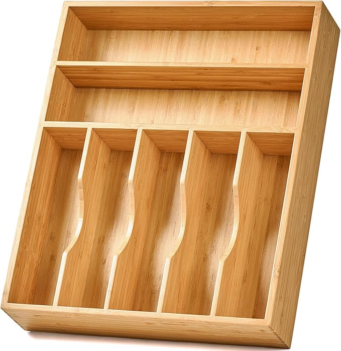 Umilife Large Kitchen Drawer Organizer, 19"x20" Silverware Utensils Organizer, 2.5" High for Large Deep Drawers, Bamboo Flatware Holder with Thick Frames, Sturdy Kitchen Organization Tray