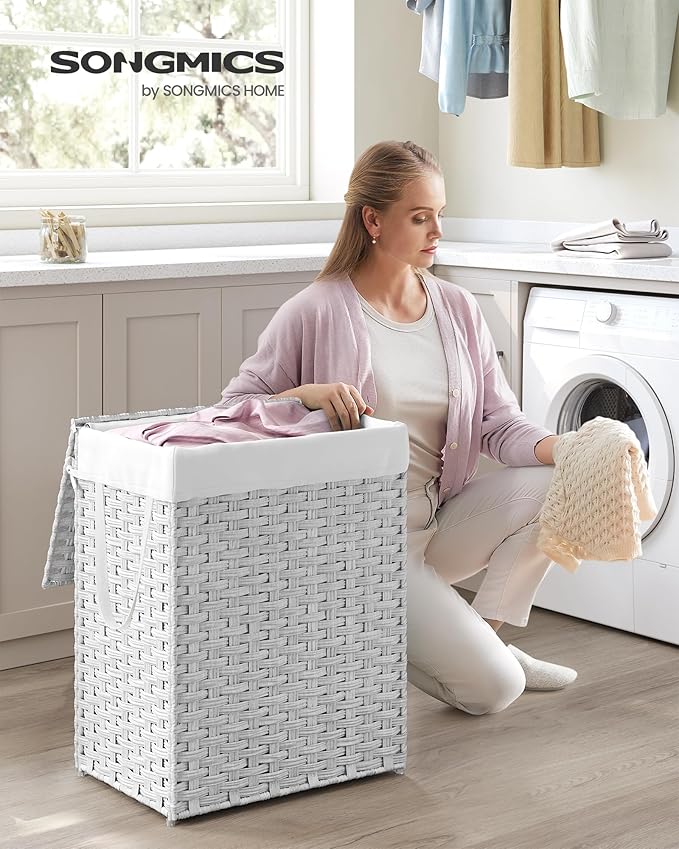 SONGMICS Laundry Hamper with Lid, 23.8 Gallon (90 L) Synthetic Rattan Clothes Laundry Basket with Lid and Handles, Foldable, Removable Liner, Cloud White ULCB51WT