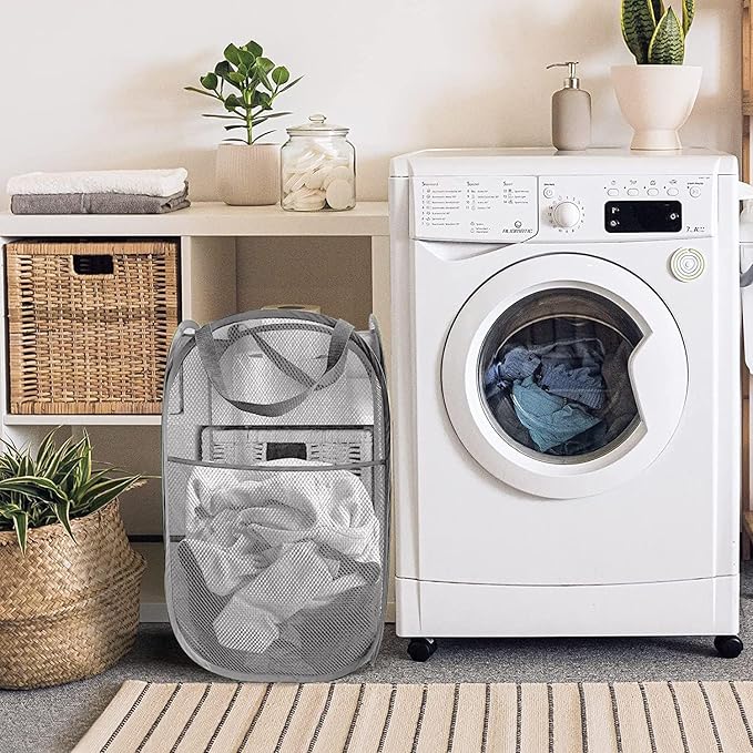Larpur Pack of 3 Pop up Laundry Hampers, Collapsible Laundry Baskets, Portable Mesh Clothes Hampers for Home Room, College Dorm, Apartment, Foldable Hamper with Carry Handles, Gray