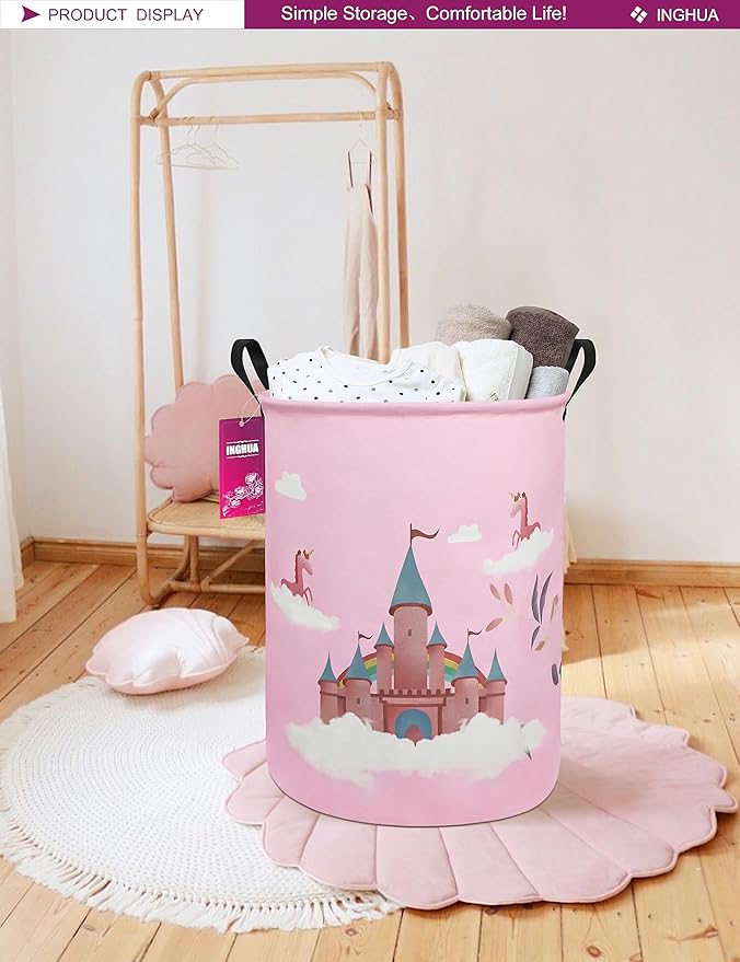 Laundry Hamper Large Canvas Fabric Lightweight Storage Basket/Toy Organizer/Dirty Clothes Collapsible Waterproof for College Dorms, Boys and Girls Bedroom,Bathroom(Unicorn Castle)