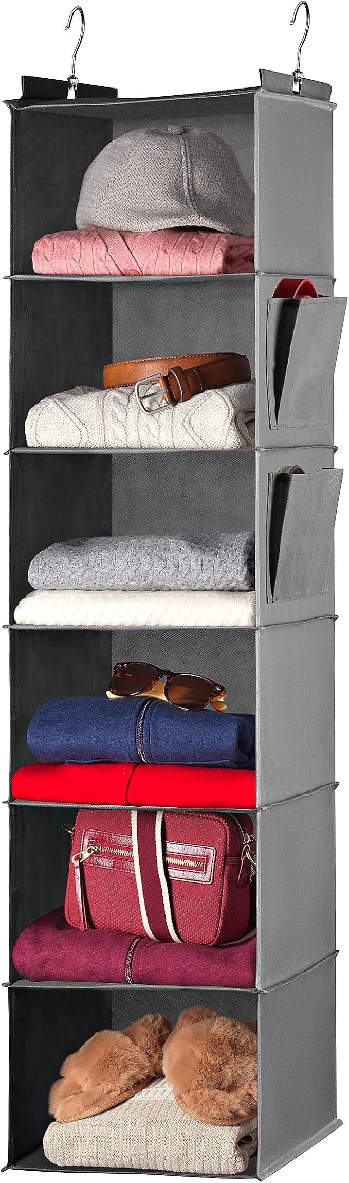 Handy Laundry Hanging Closet Organizer - 6 Shelf Storage for Clothes, Sweaters, Shoes & Accessories - Space-Saving Wardrobe Shelves with Hooks for Dorm, RV & Small Closet Organization (Grey)