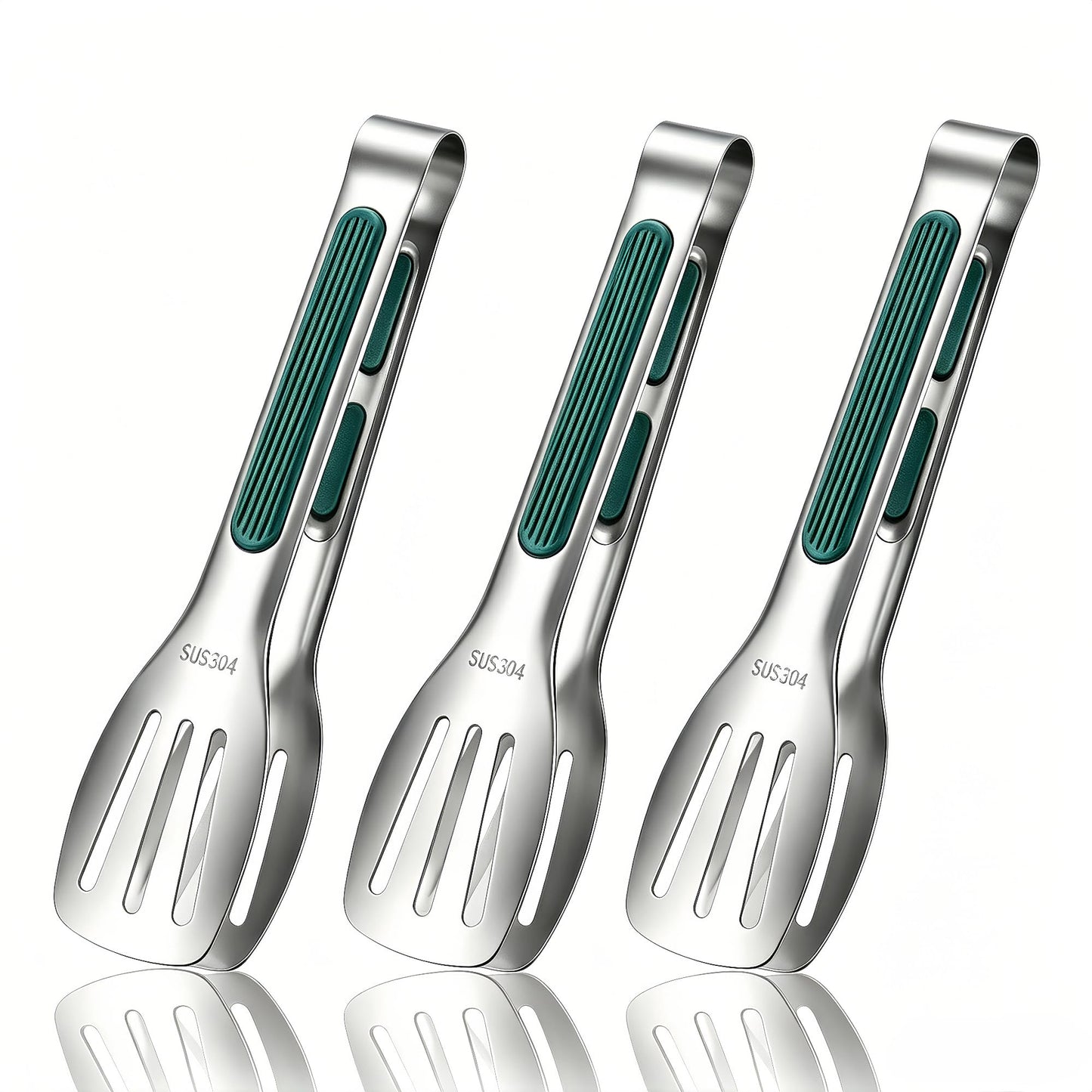 Stainless Steel Kitchen Tong Set - Anti-Slip Heat-Resistant Grip, Widened 3-Line Slotted Heads for Easy Clamping (Steaks, BBQ, Pasta, Salads), Easy Clean for Versatile Use Set of 3-9", Silver