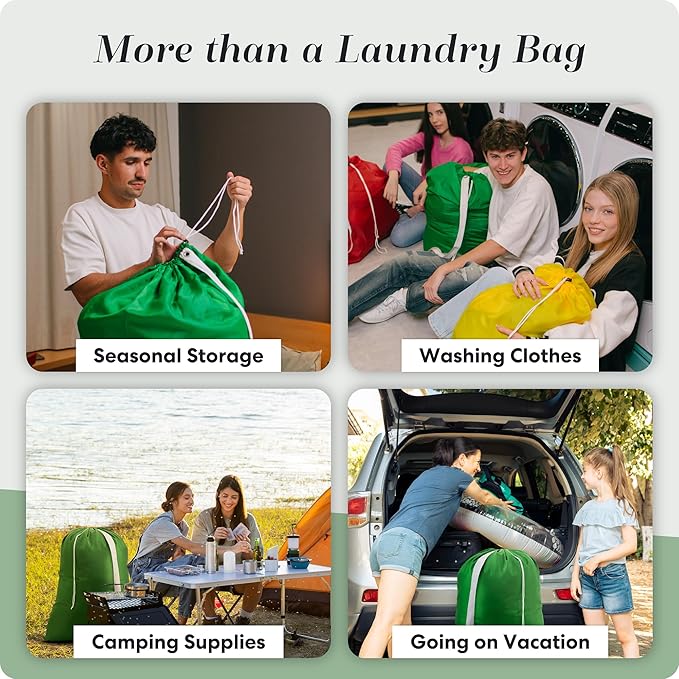 Handy Laundry Bag Shoulder Strap Extra Large - Drawstring Locking Closure, Durable Material, Heavy Duty Stitching, Hands Free Carrying - Perfect College Dorm (Green, 30" x 40")