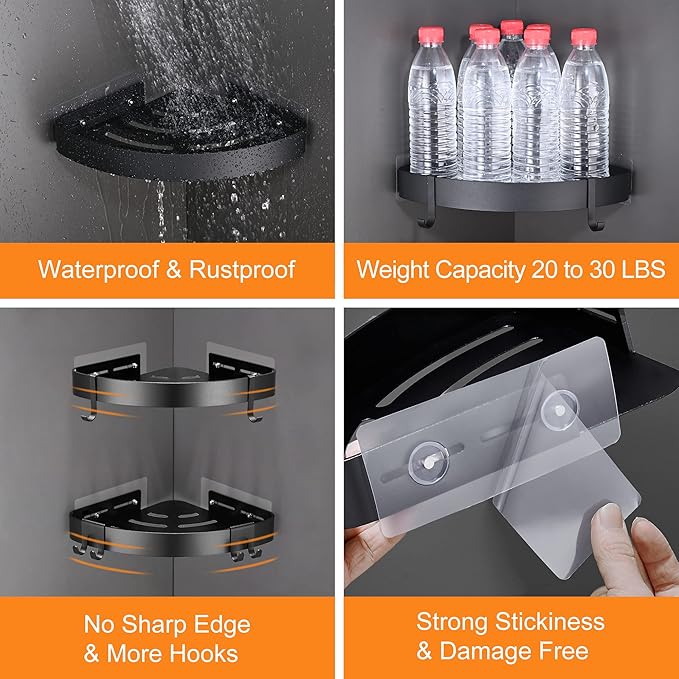 Adhesive Corner Shower Caddy with Hooks,Bathroom Shower Organizer, No Drilling Rust Proof Aluminum Shower Shelf for Inside Shower 2 Pack (Black)