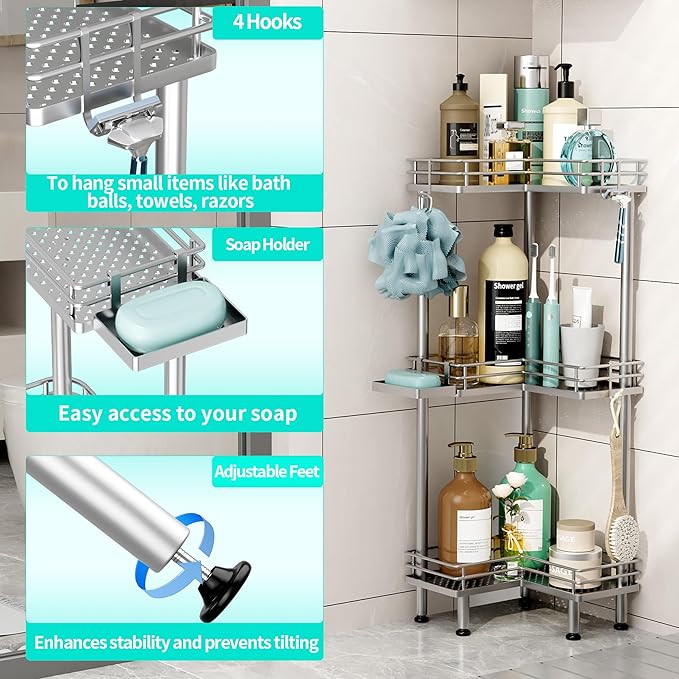 HapiRm Standing Corner Shower Caddy - 3 Tier Shower Shelf Corner with Soap Holder, Rustproof Bathroom Standing Organizer with 4 Hooks, Silver