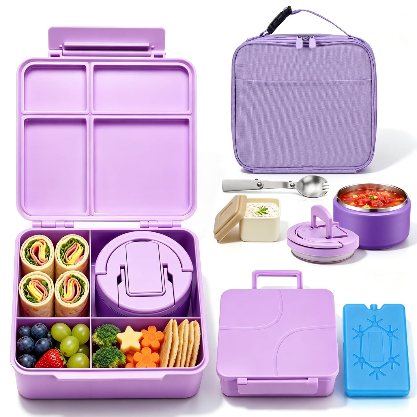Bento Lunch Box with 8oz Soup Thermo,Kids Leakproof 4 Compartment Lunch Food Containers with Sauce Cup and Ice Pack,Kids Thermo Insulated Hot Food Jar and Lunch Bag for School,Trvael-Green