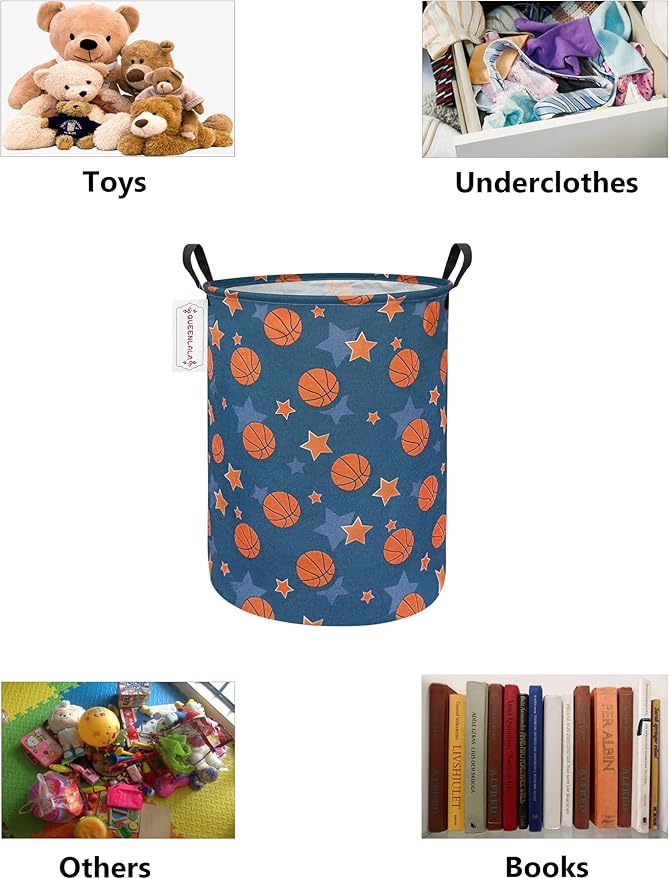 QUEENLALA Large Storage Basket,Laundry Hamper/Bathroom/Home Decor/Collapsible Round Storage Bin,Boys and Girls Hamper/Boxes/Clothing(Round-Basketball)