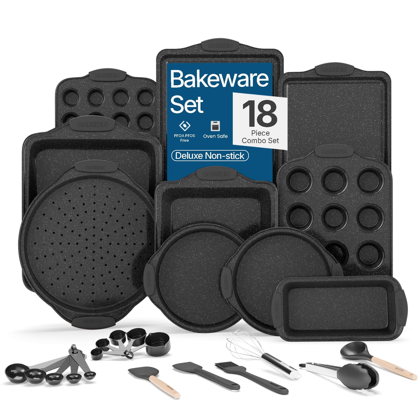 BAKKEN Kitchen Baking Pan Set - Nonstick Coating, Carbon Steel Bakeware Sets with Red Silicone Handles, Baking Kitchen Essentials, PFOA, PFOS, PTFE Free, Oven Safe Tray (Up To 450° F), Set of 18
