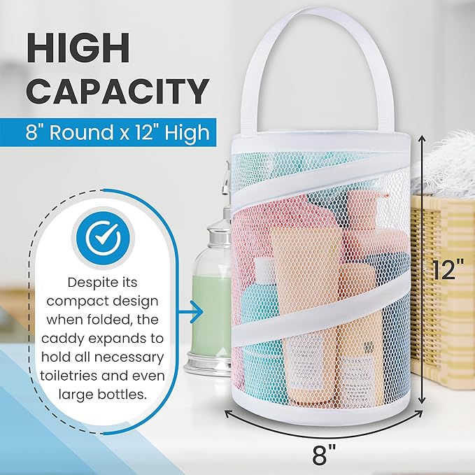 Handy Laundry Foldable Shower Caddy - Collapsible, Portable, Drainage Hole, Carry Handle, Large Compartments, Great Organizer for Camp, Travel, Gym, and Dorm (White)