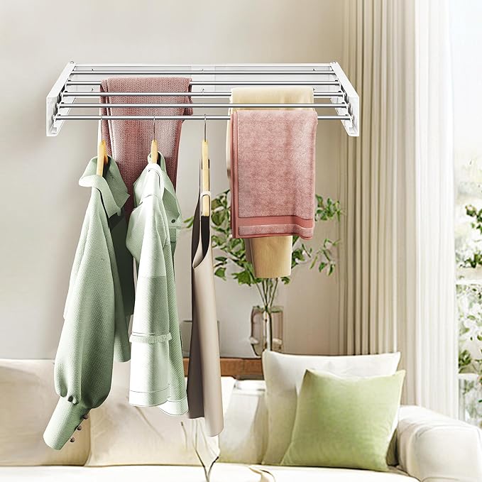 Wall Mounted Drying Rack,32 inches,Foldbale, Clothes Drying Rack,Laundry Drying Rack Wall Mount,Drying Rack Clothing Space Saver,Retractable,Collapsible,Folding Laundry Rack,White