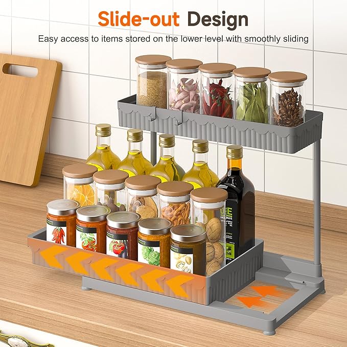 3 Pack Multi-Purpose Under Sink Organizers and Storage, 2026 L-Shaped Pull Out Cabinet Organizer for Bathroom & Kitchen, Under Cabinet Organizer with Hooks Hanging Cup, Grey