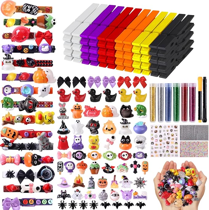 JOICEE 60 Set Halloween Cheer Pins Spirit Clips, 60 Colored Clothes Pins 115 Mini Resin Figures Ornaments Bows and Stickers pens 300 Beads for Halloween Trick or Treat DIY Crafts Gifts Party Favors
