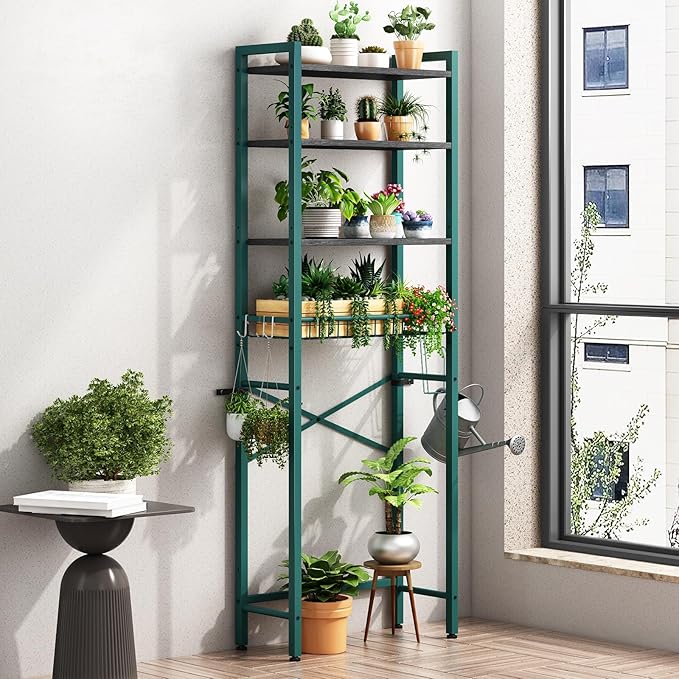Over-The-Toilet Storage Rack, 4-Tier Bathroom Organizer Shelf Over Toilet with Adjustable Shelf and Basket, Freestanding Space Saver Bathroom Shelves Above Toilet for Room (Green- Black)