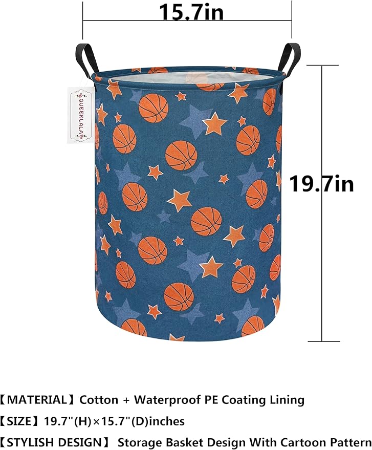 QUEENLALA Large Storage Basket,Laundry Hamper/Bathroom/Home Decor/Collapsible Round Storage Bin,Boys and Girls Hamper/Boxes/Clothing(Round-Basketball)