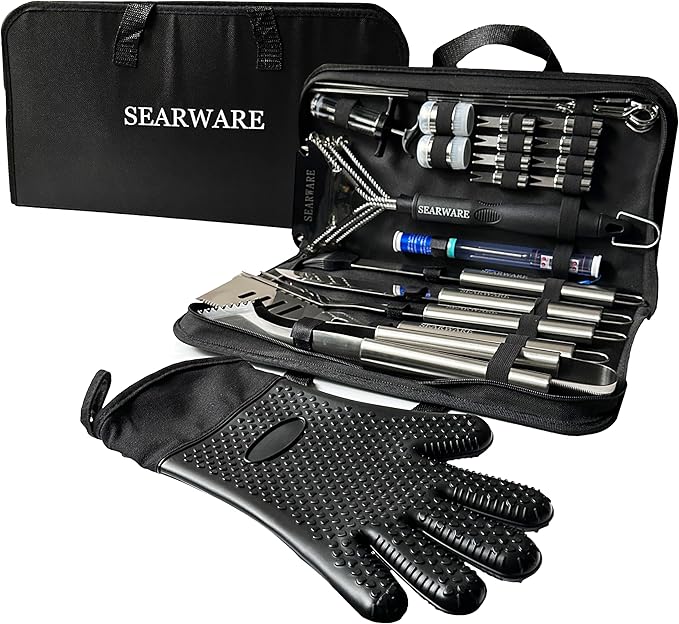 SEARWARE Barbecue Grill Tool Set - Stainless Steel - Strong Durable Design - Heat Resistant Glove & Bristle Free Grill Brush - Thermometer, Meat Injector, & Corn Skewers - Perfect For Smokers & Grills
