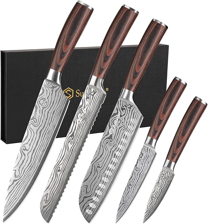 Sunnecko Kitchen Knife Set 7 Piece Chef Knife Set Professional High Carbon Stainless Steel, Sharp Kitchen Knives with Wooden Handle