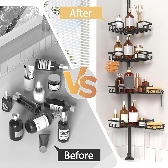 Tension Pole Shower Caddy 5x Stability, Adjustable Floor to Ceiling Shower Organizer, Standing Shower Tension Rod Shelves, 4 Tier Storage Shelves with 2 Soap Holders/Hanging or Adhesive, 25in-114in