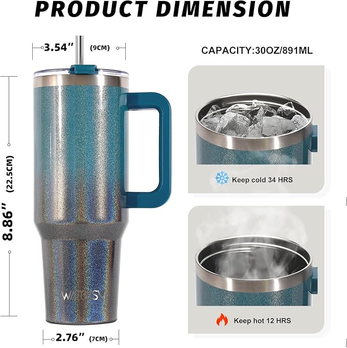 30 oz Shiny Tumbler with Handle and Straw,Stainless Steel Tumbler with Lid and Straw,Insulated Travel Mug(Cold for 34 Hours),Water Bottle for Iced Tea,Coffee (Black Blue)