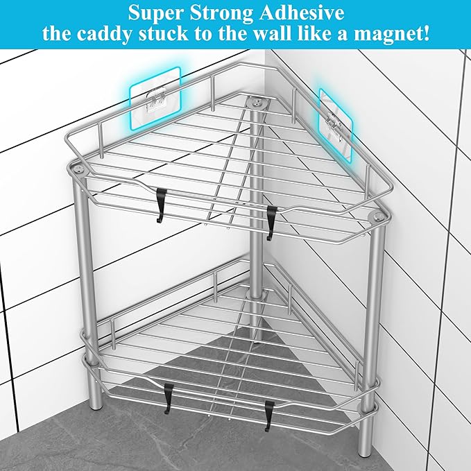 2 Tier Floor Standing Corner Shower Caddy Organizer Shelf with Hooks, Bathroom Shelves Stand Rack, Gray