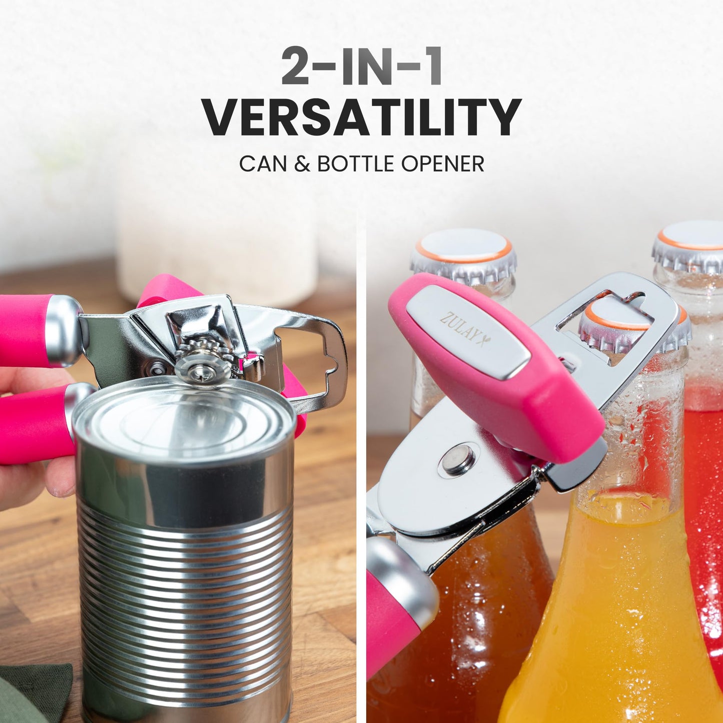 Zulay Kitchen Heavy Duty Stainless Steel Can Opener Manual with Bottle Opener - Rust Proof Manual Can Opener With Turn Knob & Comfy Soft Grip Handles - Orange