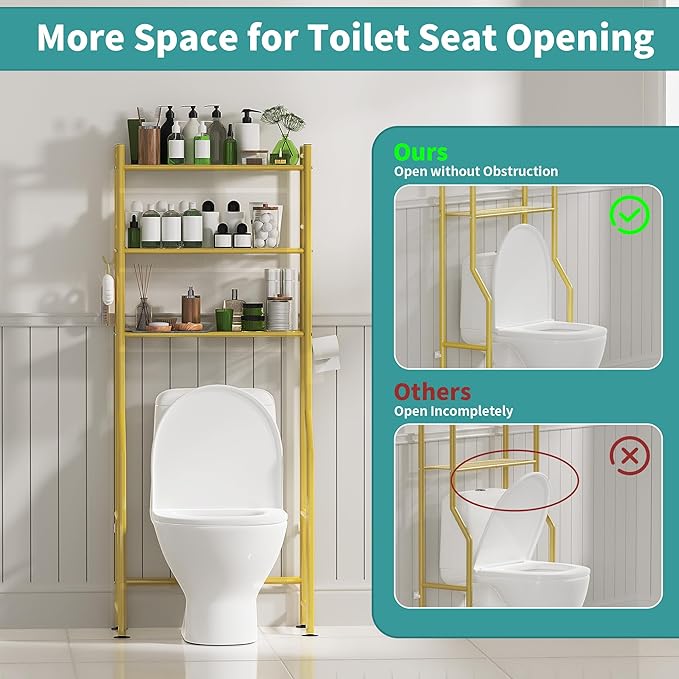 3-Tier Over The Toilet Storage with Paper Holder, Metal Bathroom Organizers and Storage for Small Space, Freestanding Bathroom Shelves with 4 Hooks, Above The Toilet Storage Shelf (Gold)