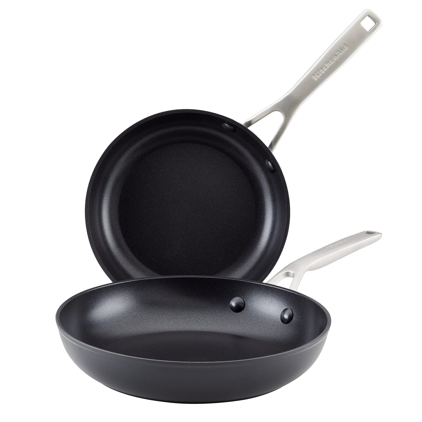 KitchenAid Hard Anodized Induction Nonstick Frying Pan Set With Lid, 3-Piece – 8 & 10 Inch Skillets, Durable, Even Heating, Dishwasher & Oven Safe, Easy-Clean, Matte Black