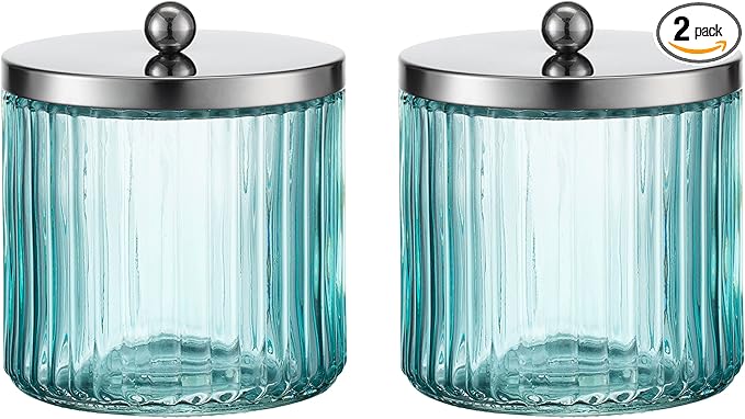 KMwares 2-Pack Glass Bathroom Jars – Blue Ribbed Glass with Lids – Cotton Ball, Q-Tip, Swab, Floss Holder – Modern Organizer for Bathroom, Vanity – Decorative Countertop Storage (Turquoise Blue)