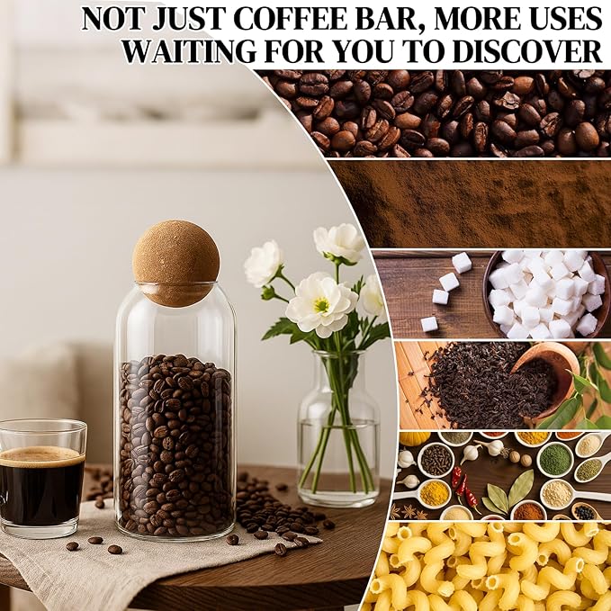 TRIFOLIC Coffee Container Set of 2 – 34oz Airtight Glass Coffee Bean Storage Jars with Wooden Lids, Metal Scoop & Wooden Base, Coffee Bar Organizer for Countertop, Tea & Sugar Canisters with Labels