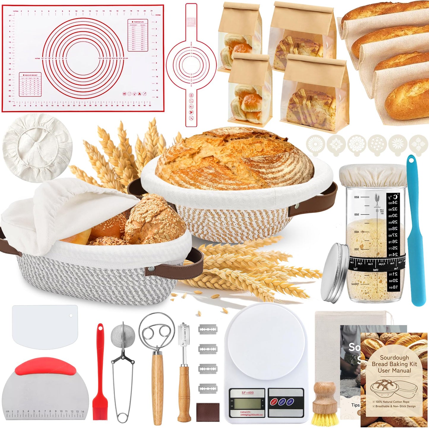 Aliggbent 28Pcs Sourdough Starter Kit, Rattan Banneton Proofing Baskets Set
