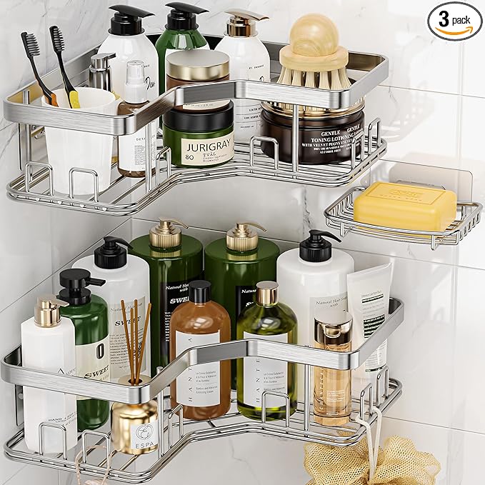 MAXIFFE 3 Pack X-Large Corner Shower Caddy with Soap Holder, Large Capacity Sturdy Easy Install No Drilling Stainless Steel Hold 40 LB Shower Organizer Shelves Rack for Family Renter Bathroom, Silver