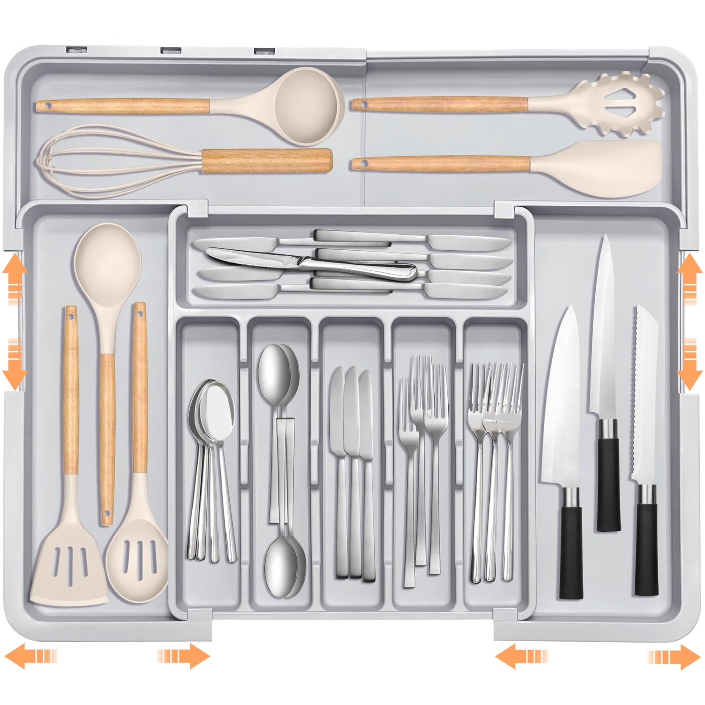 Spaclear Large Silverware Drawer Organizer Expandable Kitchen Utensil Organizer BPA Free Flatware Cutlery Holder Tray Adjustable Plastic Drawer Divider Storage for Forks Knives 6-9 Slots White