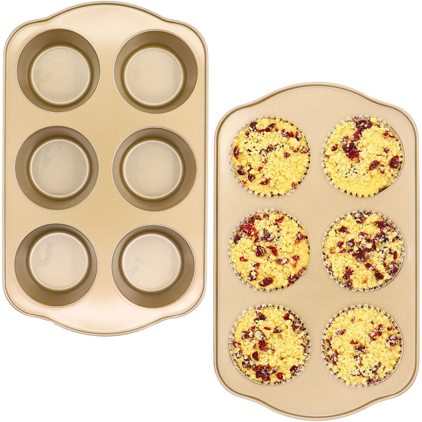 JOHO BAKING Jumbo Muffin Pan 2 Pack, Nonstick Large Cupcake Pan 6 Cup, Heavy Duty 0.5mm Thick Steel Big Muffin Tins for Baking, 3.5inch Dia, Gold