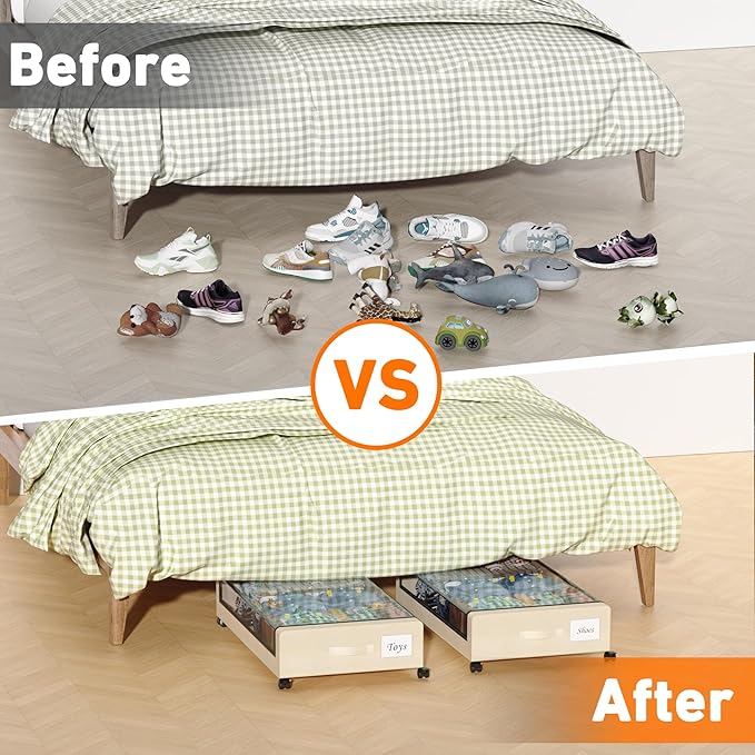 Under Bed Storage with Wheels, 2 Pack Under Bed Storage Containers with Dividers & Clear Lids, XXL 65L Under the bed storage Organizer Bins, Underbed Storage with Wheels for Clothes (White, 2 Pack)